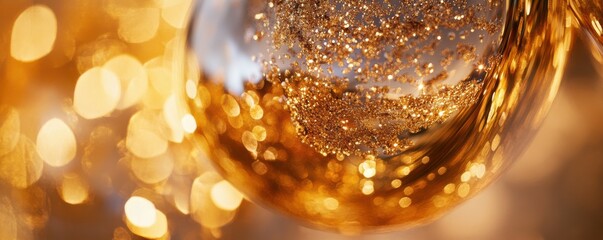 A close-up of a Christmas ornament reflecting twinkling lights, cozy festive ambiance, elegant detail.