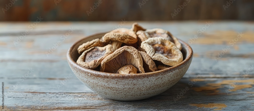 Aufkleber a small bowl of dried shiitake mushrooms on a weathered wooden tabletop copyspace horizontal perspec