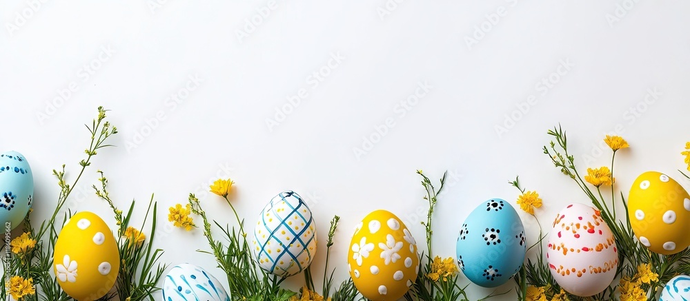 Leinwandbilder Easter eggs decorated for the holiday on a white background flat lay Room for text. with copy space image. Place for adding text or design