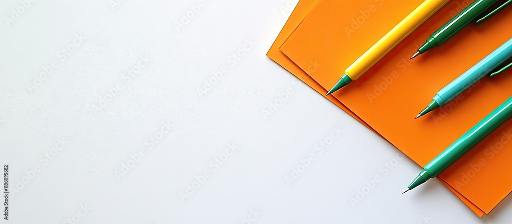 Leinwandbilder top view of brightly colored papers and green pens neatly arranged on a white surface. with copy spa