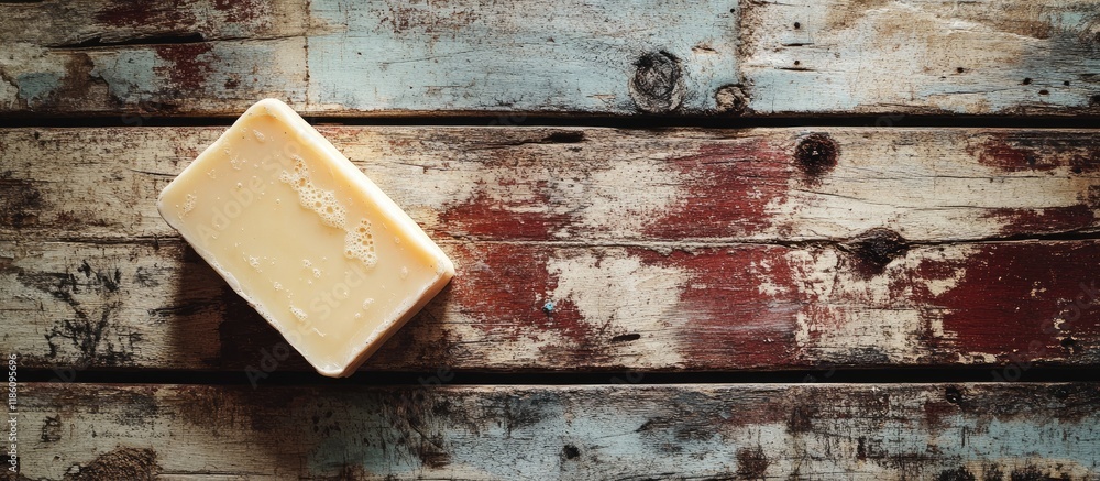 Poster organic soap on weathered bright wood backdrop. with copy space image. place for adding text or desi