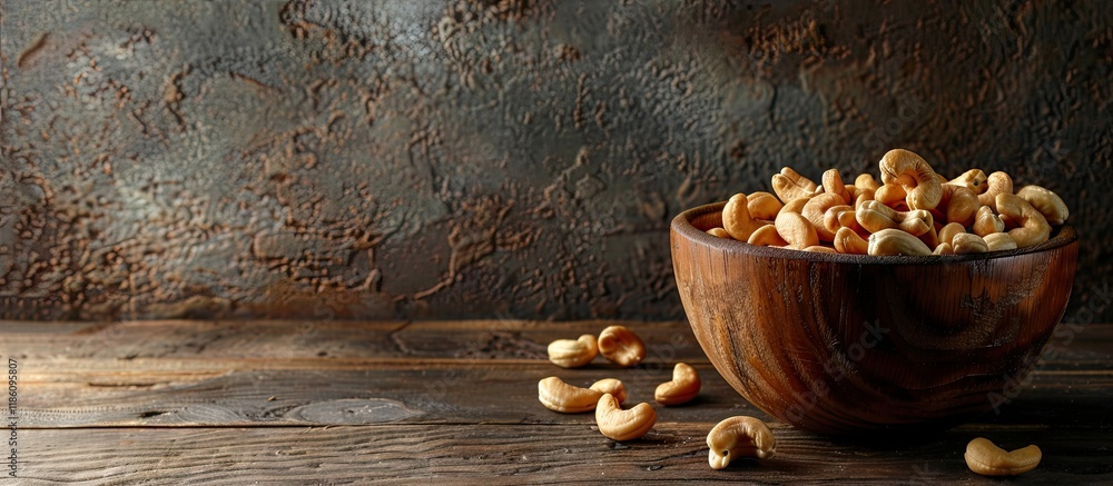 Poster Numerous cashews in the vintage wooden bowl Dried nuts theme. with copy space image. Place for adding text or design