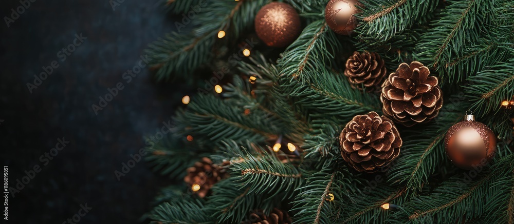 Fototapete close up of a christmas tree background featuring decorations. with copy space image. place for addi