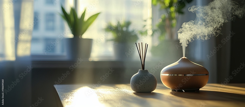 Leinwandbilder aroma diffuser placed on the table with a window backdrop providing space for text interior decorati
