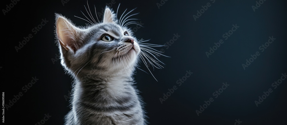Poster a lovely gray cat against a dark backdrop pet theme. with copy space image. place for adding text or