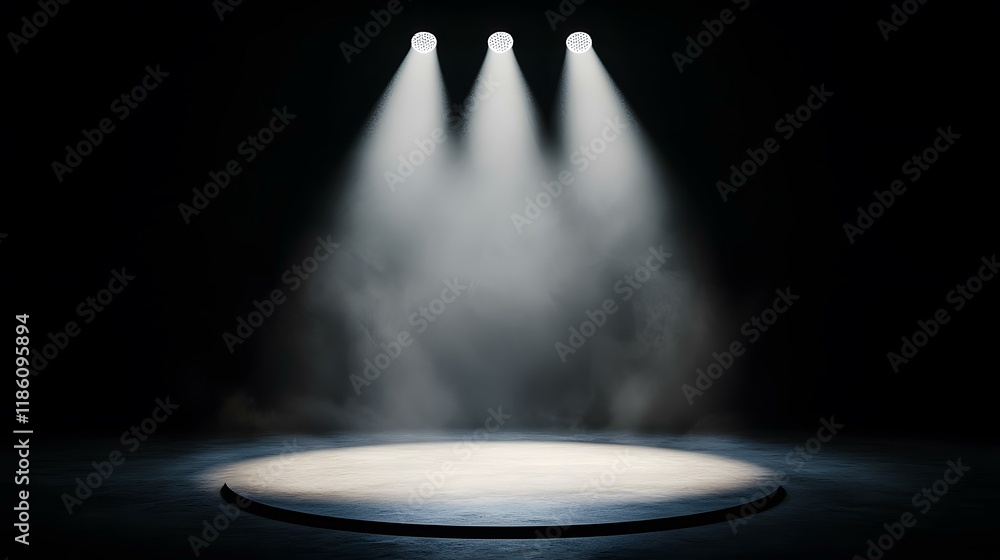 Poster a circular platform is dramatically lit from above by three spotlights in a dark room, creating a ha