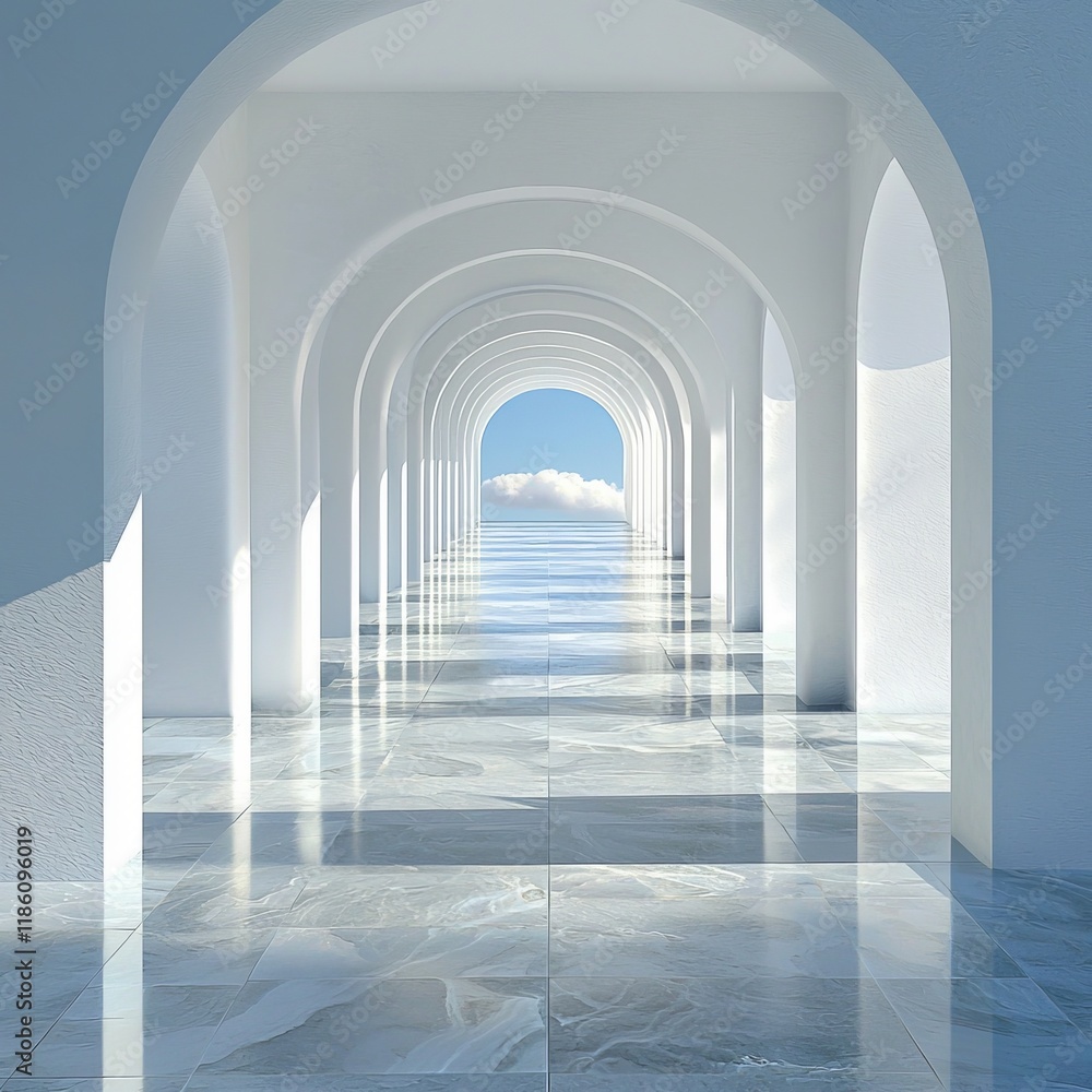 Poster white arched corridor in modern architecture illuminated by sunlight and casting shadows