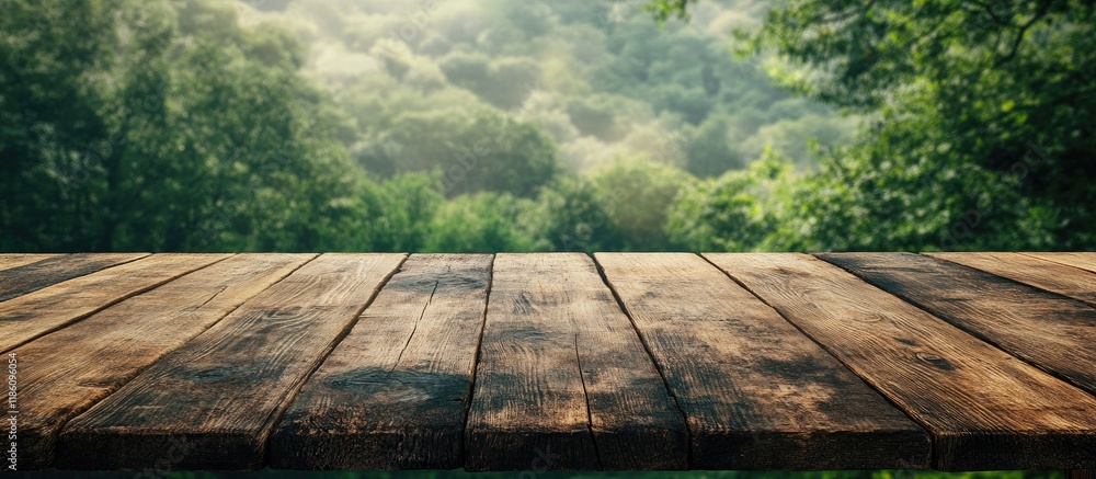 Poster vintage wooden table set against a natural backdrop. with copy space image. place for adding text or