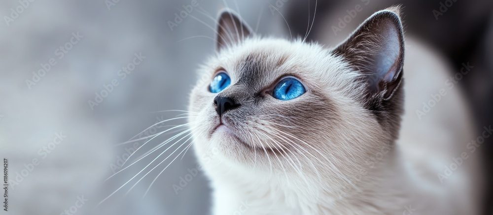 Poster white female cat gazing upward with blue eyes. with copy space image. place for adding text or desig