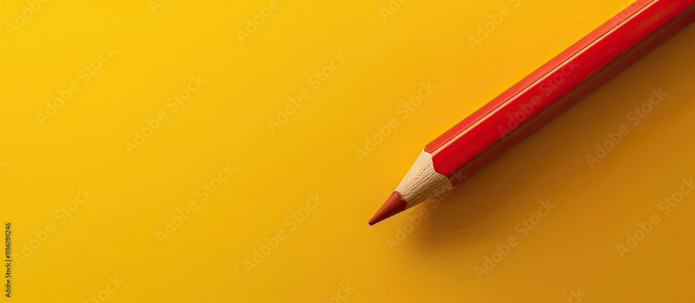 Poster Red pencil on a yellow backdrop. with copy space image. Place for adding text or design