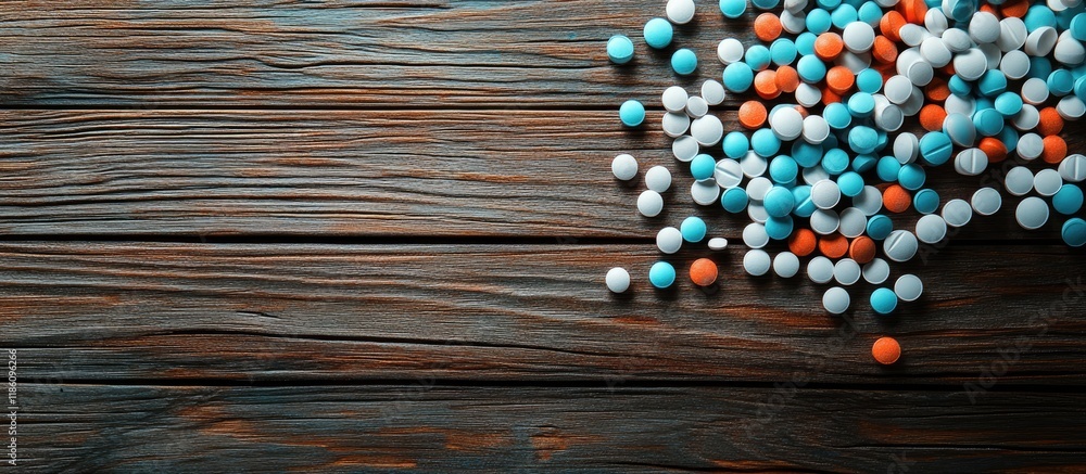 Aufkleber Pills on a wooden surface top view. with copy space image. Place for adding text or design