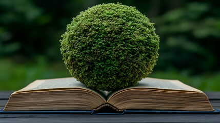 Moss sphere rests on open book, outdoors, nature background, education