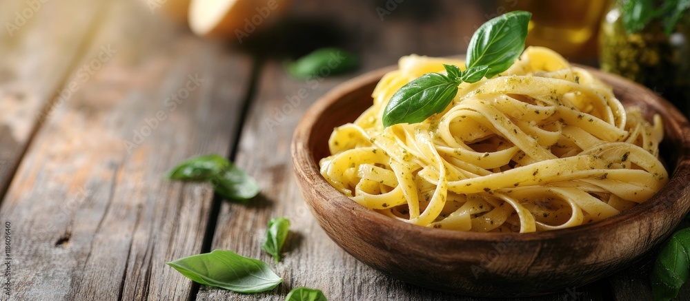 Poster Pasta with Pesto Genovese on a wooden surface. with copy space image. Place for adding text or design