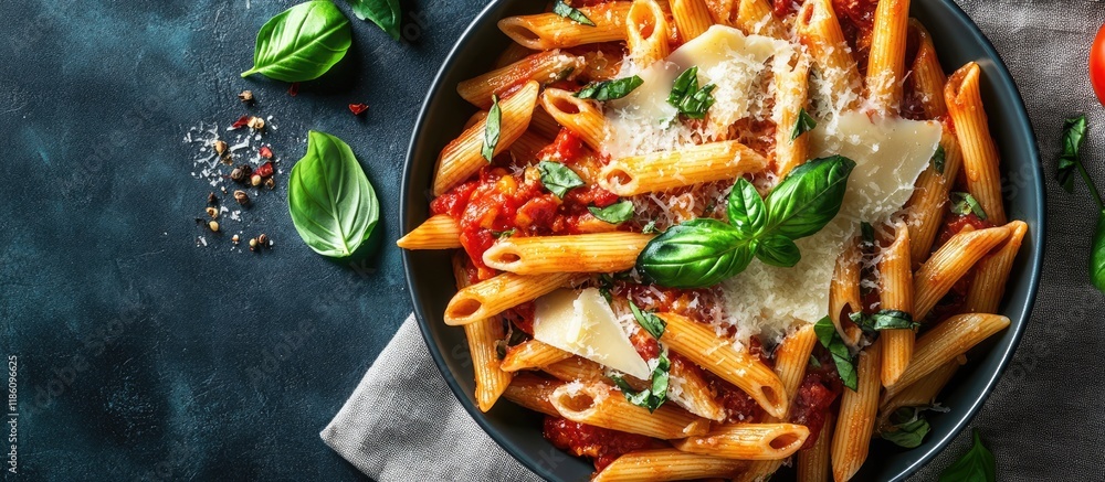 Poster Penne pasta in All Arrabbiata style topped with cheese and basil on a linen tablecloth Studio shot from the top view featuring copy space
