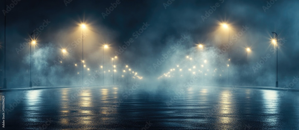 Aufkleber Empty street scene background featuring abstract spotlights Night view of streetlights reflected on water Rays penetrate the fog Smoke and fog create a wet asphalt surface with light reflections