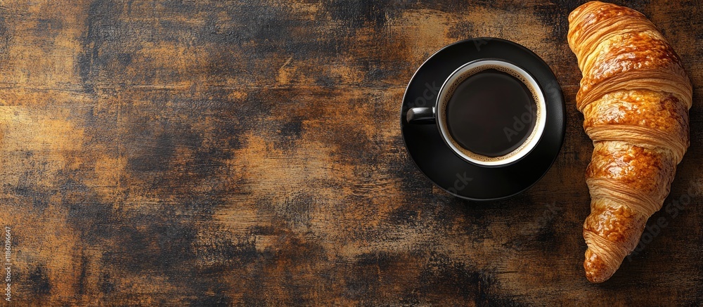 Aufkleber cup of coffee and freshly baked croissant on a rustic kitchen table top view with copyspace for your