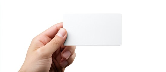 Hand held virtual business card credit card or blank paper isolated on a white background with a clipping path. with copy space image. Place for adding text or design