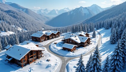 Snowy ski resort nestled in mountain valley. Wooden chalet style houses stand amidst snow covered pines. Road winds through landscape. Majestic mountains rise in background. Winter wonderland