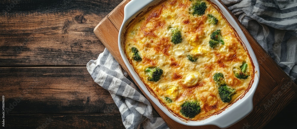 Poster broccoli egg casserole in a baking dish on a dining table top view copy space