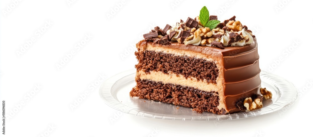 Aufkleber Walnut toffee cake on a plastic plate with copy space isolated on a white background with a clipping path