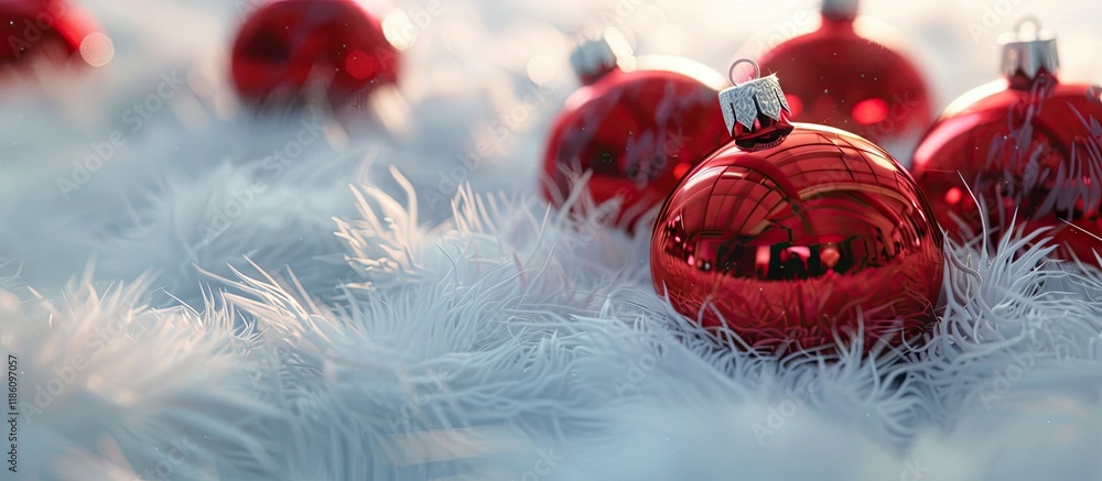 Aufkleber red glass christmas ornaments on a white furry surface. with copy space image. place for adding text