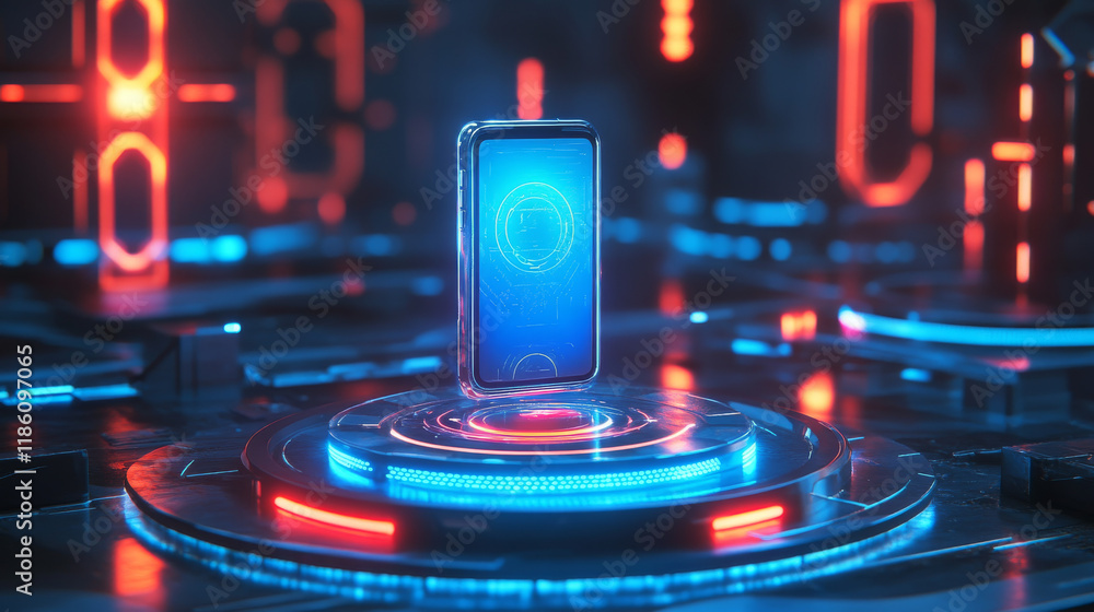 Poster 3d mobile phone mockup on podium. futuristic background with tech stand with neon light and hologram