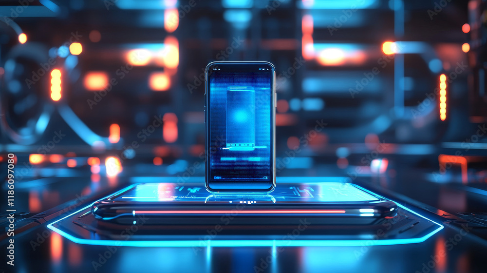 Poster 3d mobile phone mockup on podium. futuristic background with tech stand with neon light and hologram