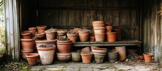Fototapeta premium Old terracotta plant pots piled in a shed. with copy space image. Place for adding text or design