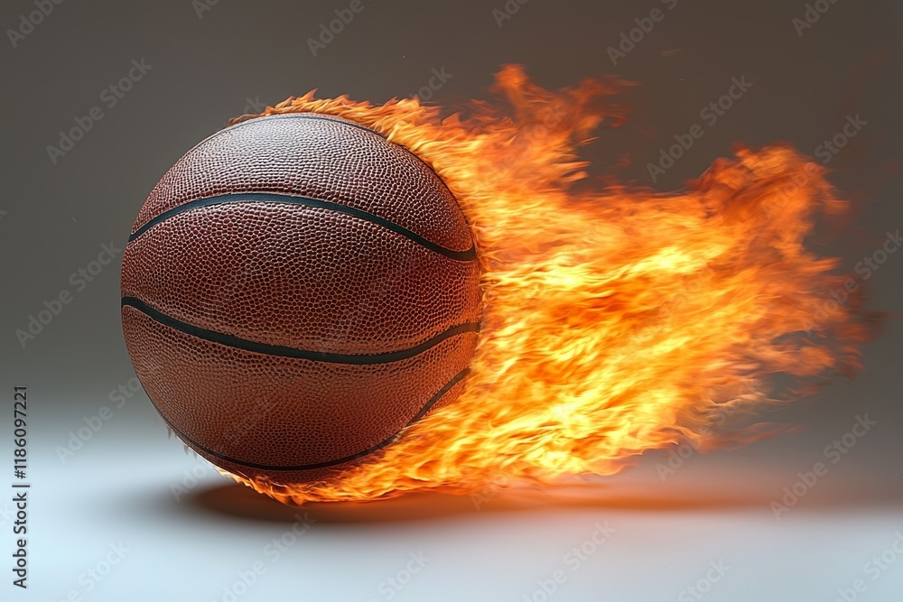 Poster a basketball enveloped in flames that climb its sides, forming a fiery pattern that loops around it,