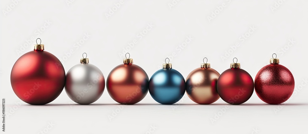 Fototapete Christmas balls of different sizes and colors isolated on a white background. with copy space image. Place for adding text or design