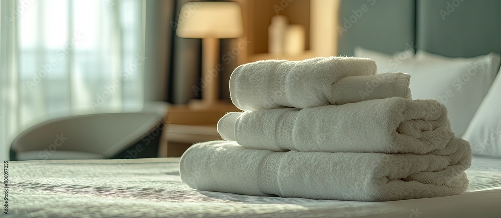 Aufkleber Towels and pillows on a compact bed in a tidy organized bedroom. with copy space image. Place for adding text or design