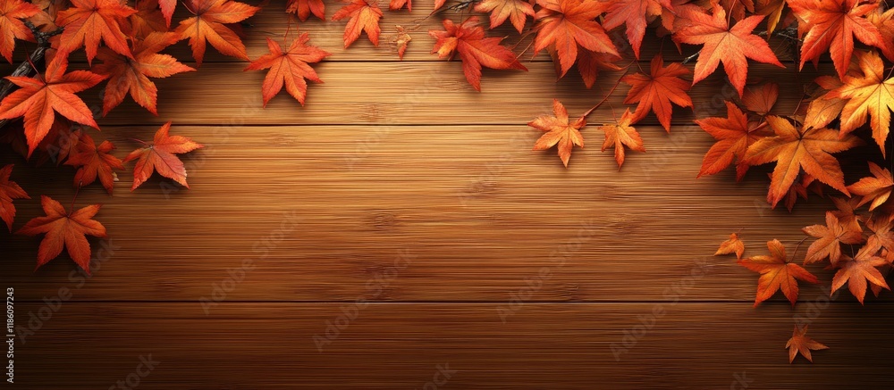 Aufkleber autumn leaves of a japanese maple tree on a wooden texture background. with copy space image. place 