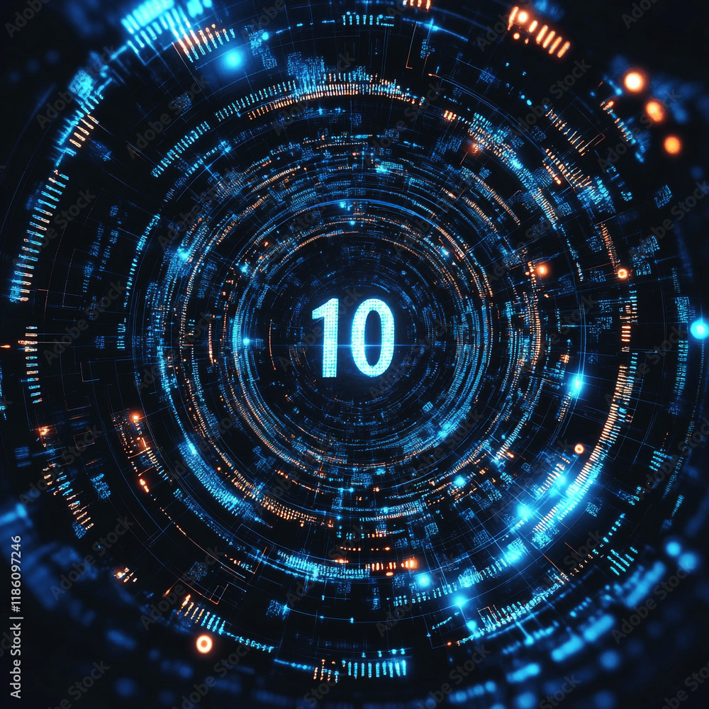 Poster digital countdown displaying the number ten in a futuristic design with glowing elements