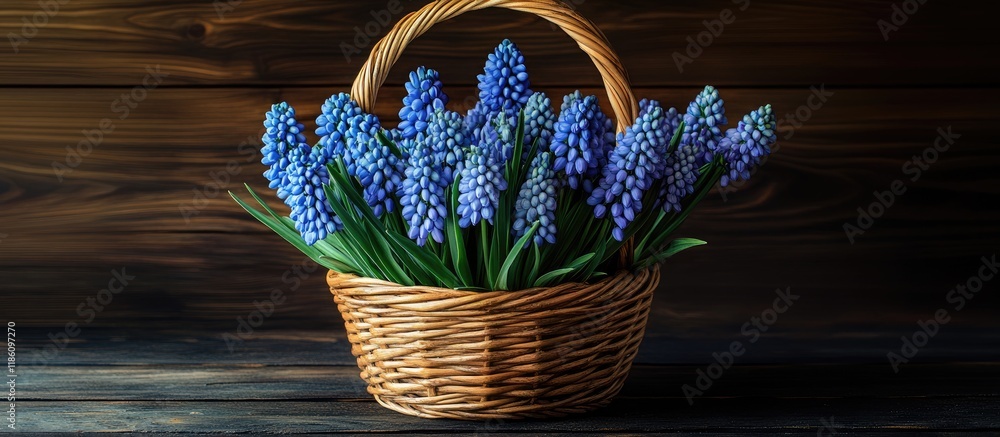 Poster spring floral idea featuring muscari flowers in a basket set against a dark wooden background. with 