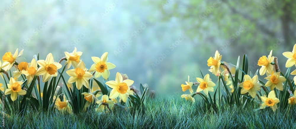 Poster sprouted spring flowers daffodils in an early spring garden selective focus copyspace