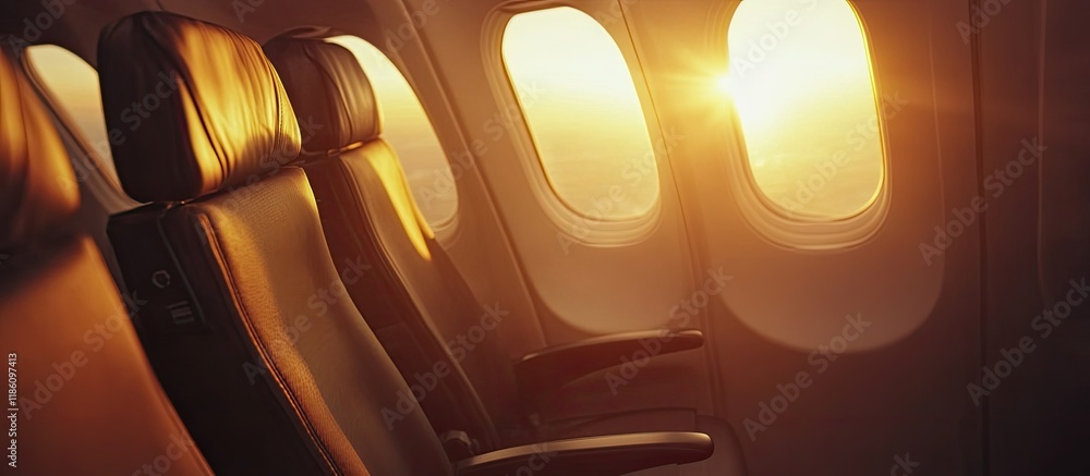 Poster passengers on a commercial airplane flying in the light of sunrise. with copy space image. place for