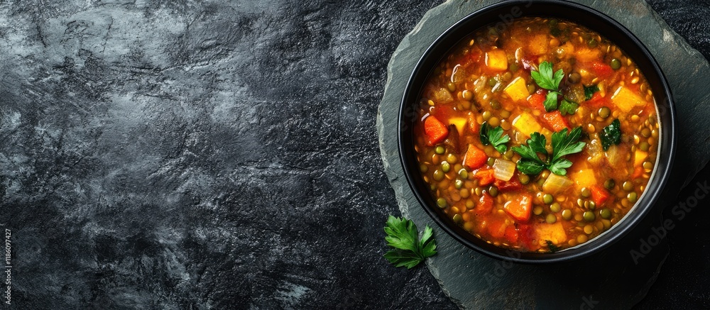 Fototapete italian vegetable lentil soup on a slate stone or concrete surface. with copy space image. place for