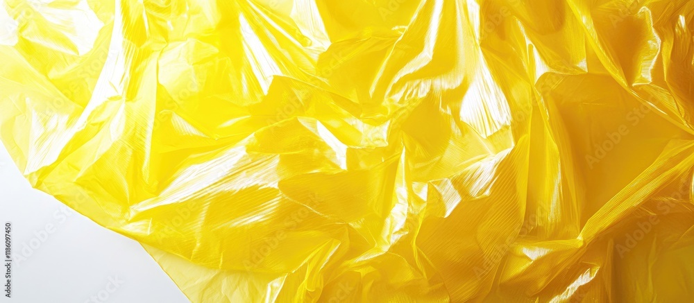 Fototapete A thin sheet of yellow cellophane with a shiny crumpled surface texture on a white background Abstract Light Shadow concept. with copy space image. Place for adding text or design