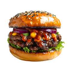 Korean BBQ Beef Burger with Fresh Vegetables Isolated on Transparent Background