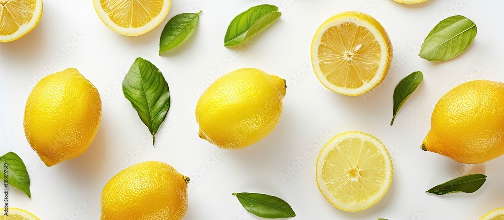 Poster lemons on a white background from above. with copy space image. place for adding text or design