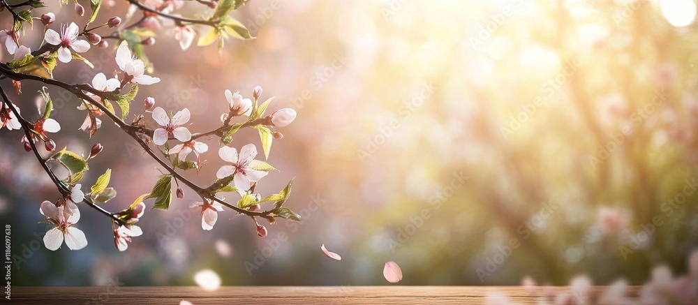 Poster lovely blooming branches on a wooden surface. with copy space image. place for adding text or design