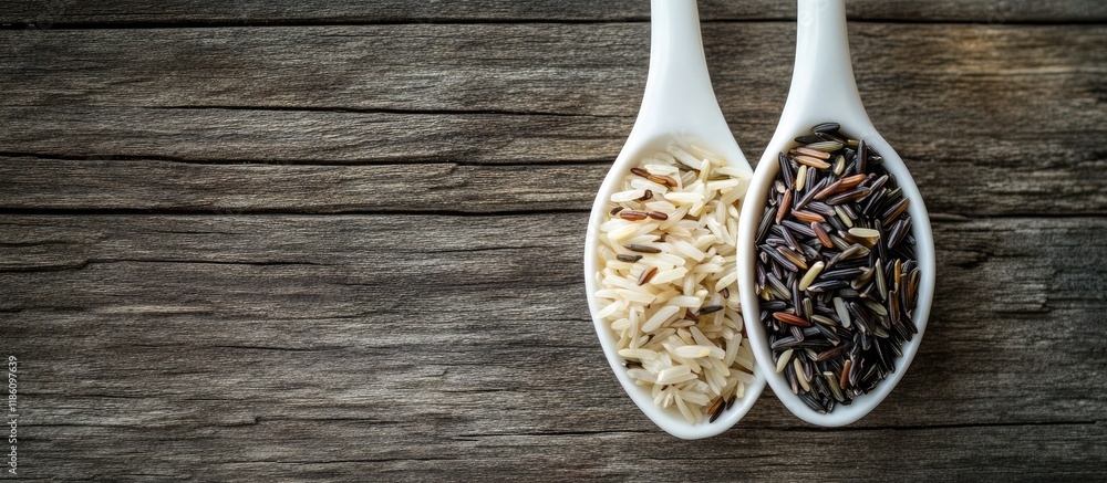 Poster a blend of white brown wild and black rice in a white ceramic spoon set against a weathered wood bac