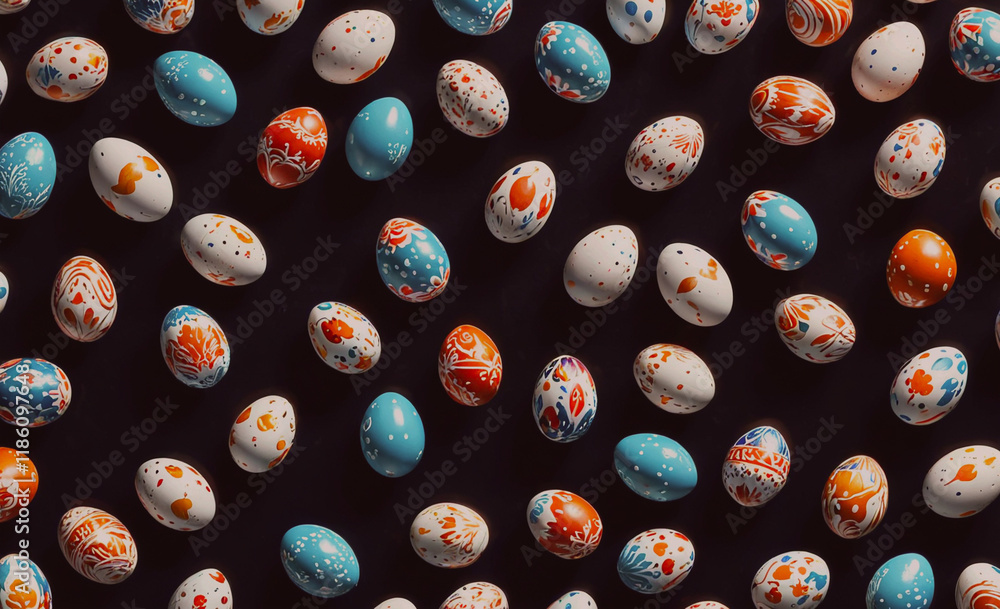 Poster bunch of eggs with different colors and designs. some are blue, some are white, and some are red