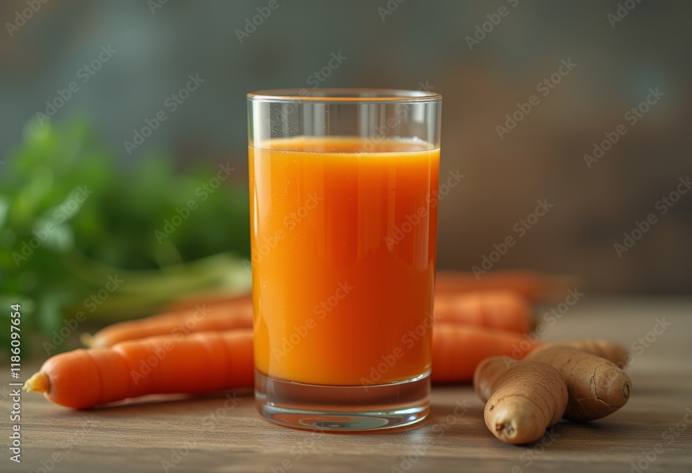 Wall mural Fresh carrot and ginger juice with raw ingredients.