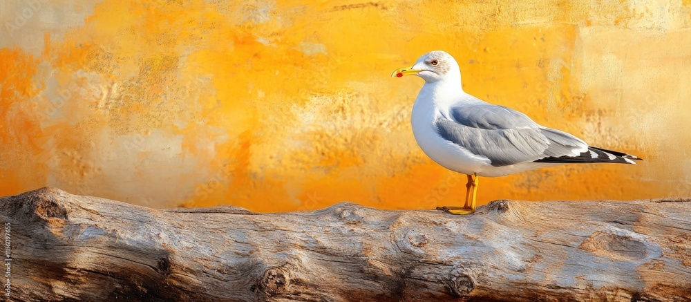 Poster adult larus michaellis gull resting on the wood. with copy space image. place for adding text or des