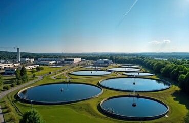 Fototapeta premium Aerial view of modern water treatment plant. Circular tanks process water. Eco-friendly tech for clean water. Infrastructure with buildings, pipes. Sustainable eco-system. Industrial area with