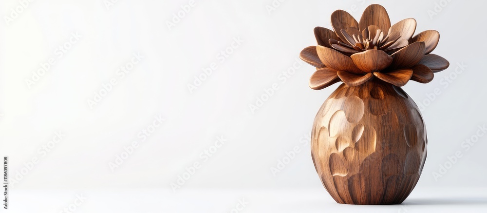 Aufkleber wooden vase featuring a floral sculptural design placed on a white background. with copy space image