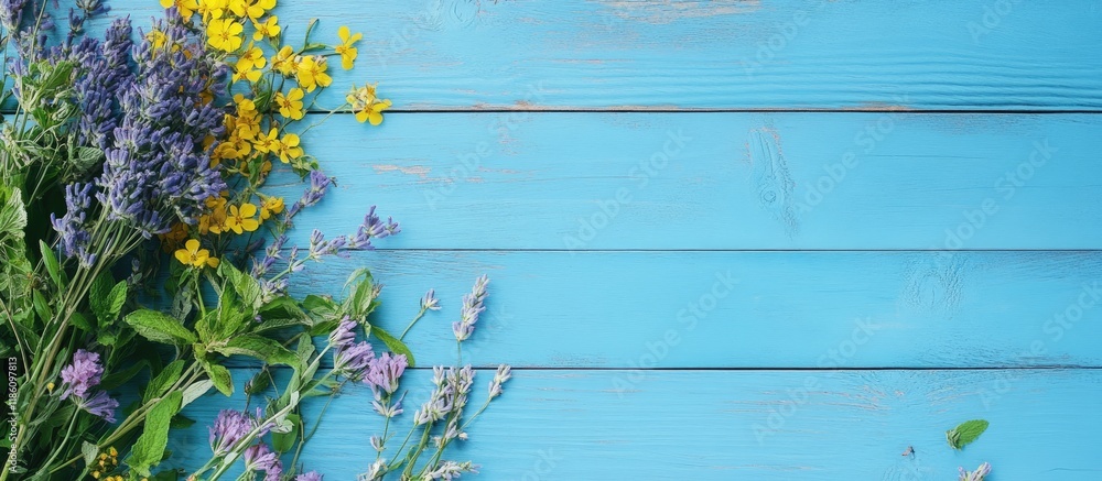 Poster herbal flowers on a blue wooden tabletop background. with copy space image. place for adding text or