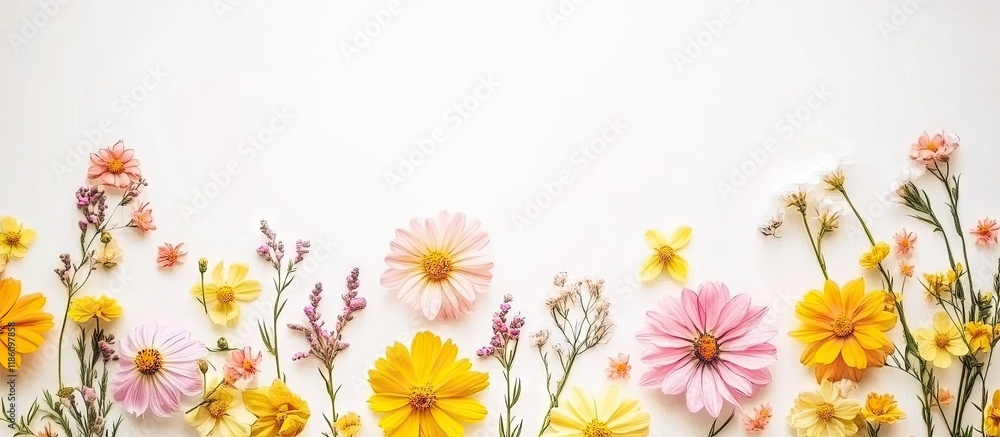 Aufkleber delicate yellow and pink flowers of spring and summer on a light backdrop concept of nature and mini