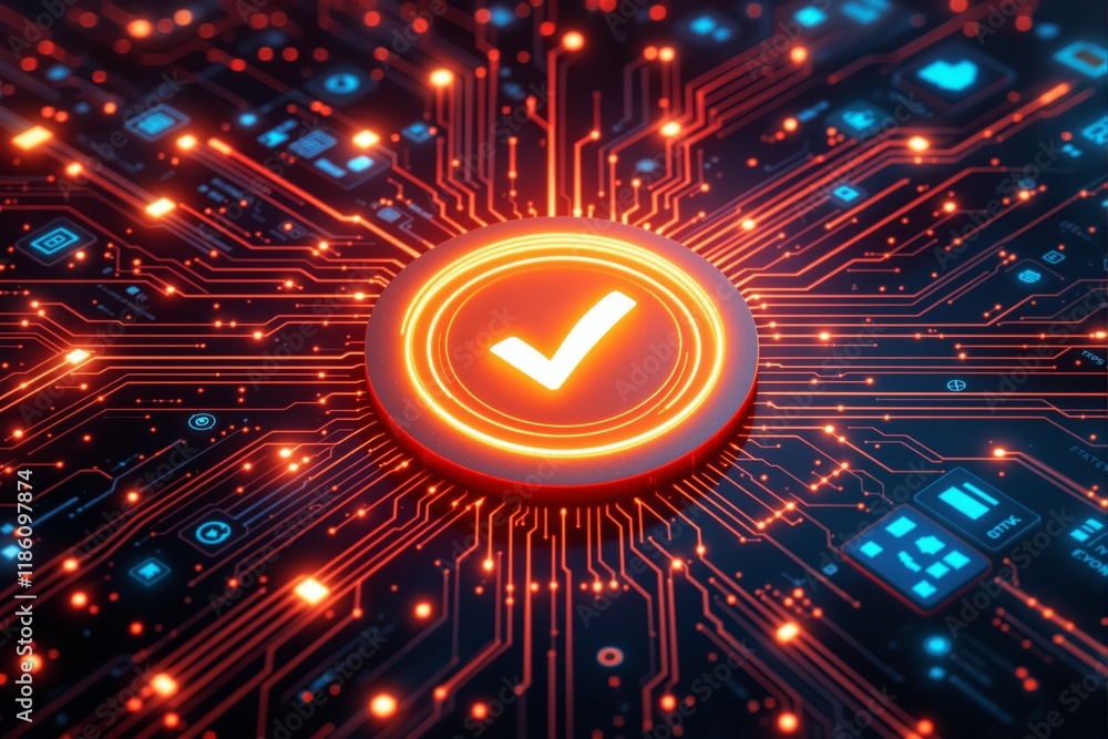 Aufkleber glowing orange checkmark surrounded by intricate circuit lines on a dark digital background, represe